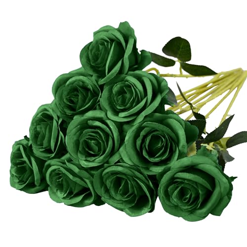 Eternal Blossom 10pcs Rose Artificial Flower,Artificial Rose Silk Flower 50cm Fake Flowers Rose Blossom Bridal Bouquet for Home Wedding Decor (Dark Green) - color: Dark Green