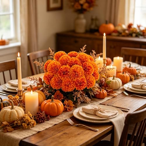 Kimura's Cabin 20Pcs Orange Chrysanthemums Artificial Flowers Marigolds Ball Flower with Stem Silk Fake Mums Fall Flowers for Autumn Home Table Centerpieces Day of The Dead Decor Halloween Arrangement - color: Orange Yellow