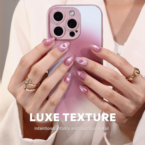 32Pcs Soft Gel Press on Nails for Women, Pink Heart, Short Almond | Magnetic Glass Cat Eye False Fake Nails Press Ons for Office Daily Wear, Salon Quality Reusable Glue & Stick on Nail Gift Kit - color: 1C-Pink Heart