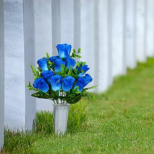 XONOR Artificial Cemetery Flowers, Set of 2 Artificial Rose Bouquet Grave Memorial Flowers with Vase for Cemetery Headstones Decoration (Blue) - color: Blue