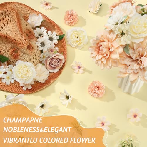 Janinka 100 Pcs Champagne Assorted Fake Flower Heads with Long Stem Mini Artificial Flower Bulk Mix Silk Faux Daisy for Crafts Fake Peony Rose for DIY Wedding Party Wreath Home Decoration - color: Champagne