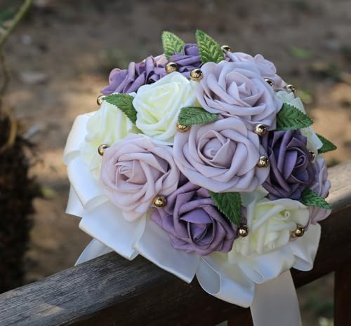 Handmade Wedding Bouquet Artificial PE Rose Bride Bridesmaid Soft Ribbons Wedding Hand Holding Bouquet Artificial Fake Flowers Toss (B-Light Purple & Purple & Ivory, 7.9"/20cm) - color: B-light Purple & Purple & Ivory, size: 7.9"/20cm