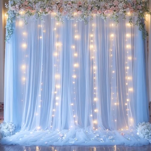 Baby Blue Backdrop Curtains with Lights String for Baby Shower Parties 2 Panels 5×10ft Sheer Tulle Backdrop Curtain Panels for Birthday Party Bridal Shower Photo Shoot Background Wall Decorations - color: Baby Blue, size: 10 ft X 10 ft(2 Panels 5ft X 10ft