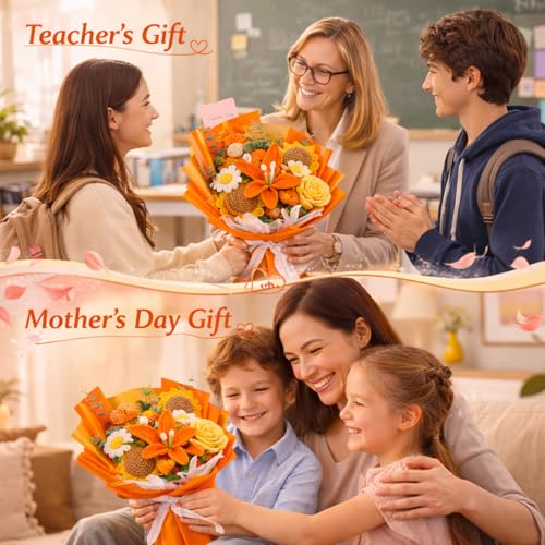 Handmade Crochet Flower Bouquet, Pink Rose & Carnation Knitted Flowers, Gift For Girlfriend, Birthday, Anniversary, Mother’s Day, Wedding Or Graduation (Includes Card) (Orange) - color: Orange