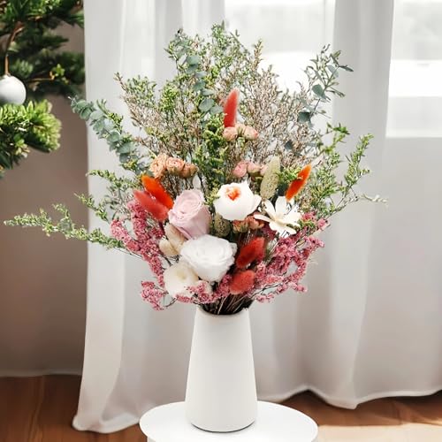 17" Dried Flower Bouquets with Vase Included, 100% Natural Dried Flowers with Forever Pink Roses,Bunny Tails,Eucalyptus Rustic Boho Decor for Home,Party Fall Decor - color: Pink Rose With Vase