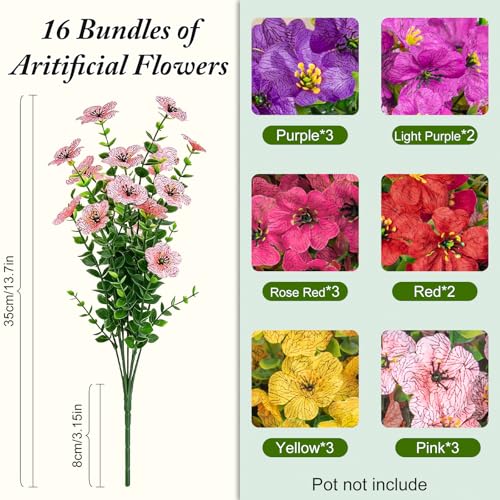 Artificial Flowers for Outdoors Decoration for UV Resistant Silk,16 Bundles | Artificial Violet Flowers for Spring Outdoor Decor, Realistic Fake Plants for Porch,Garden,Window Box,Vase Mix 6 Colors - color: 6 Mixed Color