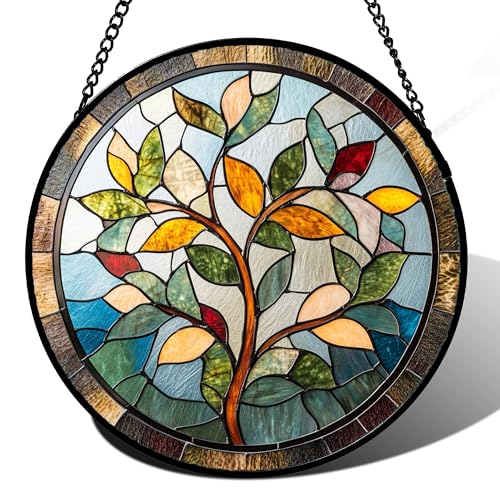 Stained Glass Window Hanging Colorful Tree of Life 6.3" - Plant Leaves Suncatcher Door Garden Sun Catcher Home Decor Birthday Christmas for Mom Men Woman Nana Friend - color: Brown and Green, size: 6.3x6.3 IN