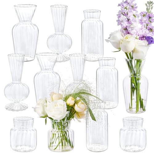 12 Pcs Ribbed Glass Bud Vases Set, 4 Styles Clear Small Flower Vases in Bulk, Roman Column Vertical Ribbed Design for Wedding, Home Decor, Table Centerpieces, Party