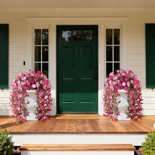 Artificial Fake Flowers Plants for Outdoor Spring Summer Decoration,2 PCS Faux Silk Morning Glory with Eucalyptus Leaves,UV Resistant Realistic Outdoor Flowers for Balcony Porch Patio Yard Garden - color: Violet Red Pink Red