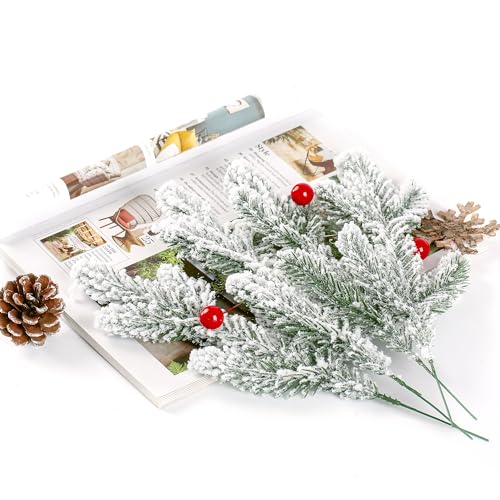 Sggvecsy 15 Pcs Snow Frosted Artificial Pine Branches Christmas Snowy Pine Needles Fake Greenery Pine Spray Picks for DIY Crafts Garland Wreath Xmas Embellishing Home Holiday Decoration