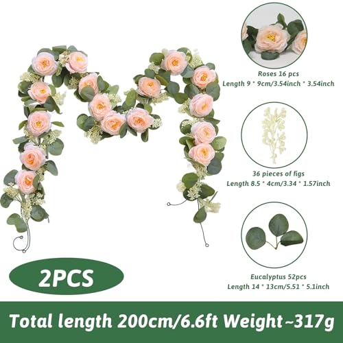 MAKHOT 2 Pcs Pink 6.6Ft Artificial Eucalyptus Flower Garland with Fake Rose Flower Vine Seeded Eucalyptus Leaves Greenery Garland for Wedding Table Backdrop Party Centerpiece Room Decor (Pink) - color: Pink-2pcs