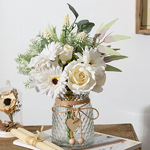 Artificial White Flowers with Vase, Fake Flowers Arrangement for Home Decor, Faux Flowers for Farmhouse Coffee Table Decor, House Kitchen Centerpiece Table Decorations - color: Milky White