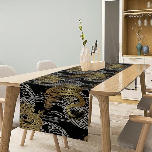 Chinese Dragon Table Runner, Black Gold Chinese Oriental Art Farmhouse Linen Table Runner for Coffee Table Kitchen Dining Wedding Party Holiday 13x36in - color: Aisa-4, size: 13x36in