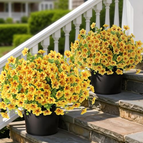 2 Set of Artificial Morning Glory & Eucalyptus Topiary Trees - Faux Silk Flower Potted Plants, UV-Resistant Fake Outdoor Morning Glory Bushes for Front Door, Yard, Farmhouse, Garden Decor (Yellow) - color: Yellow