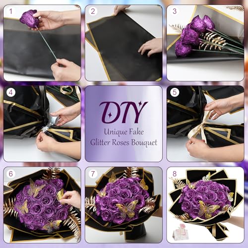 Glitter Roses Bouquet - DIY Artificial Flower Bouquet Kit with Fake Rose Butterfly Stems Cards for Gifts Mother's Day Valentine's Day Anniversary Birthday, 24 Roses, Purple - color: Purple
