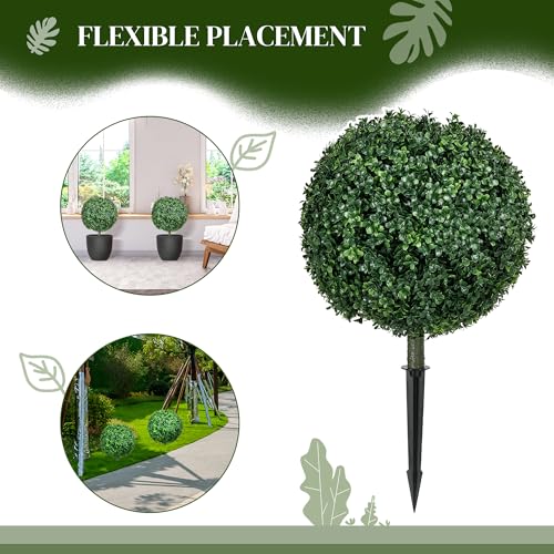 HOMCOM Set of 2 1.3ft (15.7") Artificial Boxwood Topiary Ball Bush with Integrated Ground Stake, Indoor Outdoor UV Resistant Faux Greenery, Faux Plants for Garden, Porch, Balcony