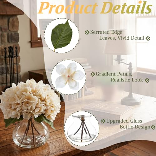 White Artificial Hydrangea Flowers with Glass Vase, Faux Floral Arrangements with Fake Water, Lifelike Hydrangeas Table Centerpieces for Dining Room, Coffee Table, Bathroom Decor - color: D-white