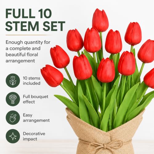 10 Pack Tulips Artificial Flowers PU Faux Flowers Fake Tulips for Home Kitchen Wedding Dining Table Decorations Mother's Day Easter Valentine's Day Decor (Red) - color: Red