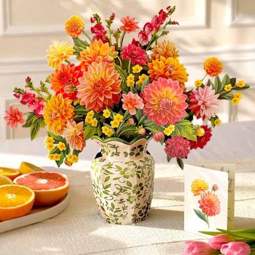 Freshcut Paper Dahlia Sunrise 14.5 Inch Life-Sized 3D Pop Up Cards – Greeting Card, Birthday, Mothers Day, Thank You, Gifts for Mom and Her – Includes Notecard and Envelope - color: Dahlia Sunrise, size: Classic