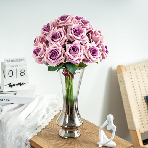 Ttranewsoo Fake Roses Faux Flowers Silk Roses Artificial Roses with Stems Realistic Artificial Flowers 12PCS Suitable for Indoor Home Decoration DIY Bouquet Wedding Decor Party Decor Purple,16.5In - color: Purple 12pcs