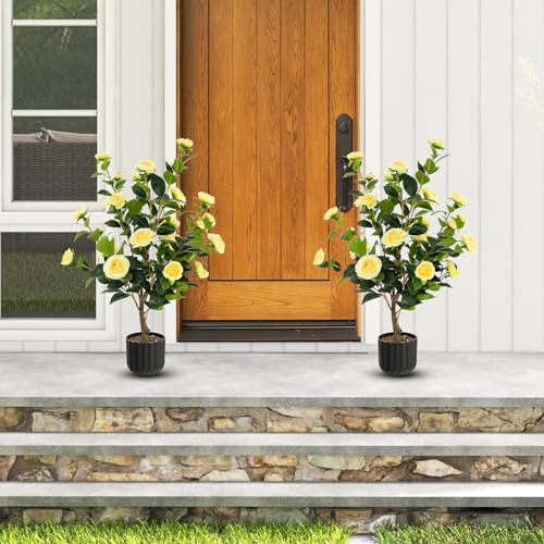 Goplus 38’’ Artificial Camellia Tree, Flower Plants Artificial Tree, Faux Floral Plant Blooming Tree in Cement Pot, Greenery Potted Plant for Indoor Outdoor Office Home Porch Decor - color: Yellow, size: 38 inch
