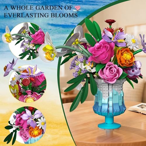 Mavo brix Flower Building Set with Vase, Artificial Botanical Flower Set for Adults Women, Home Décor Display, Romantic Gift for Christmas, Valentine’s Day, Compatible with Lego Flower, 956 PCS