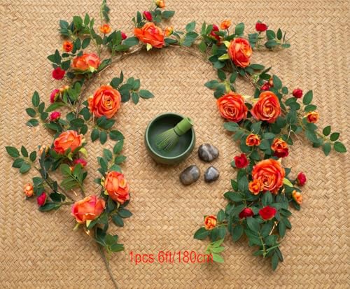 2 PCS 12FT Bendable Flower Garland, Artificial Rose Vine Hanging Floral Garland Decoration for Weding Home Room Wall Decor (Orange, 2pcs) - color: Orange, size: 2pcs