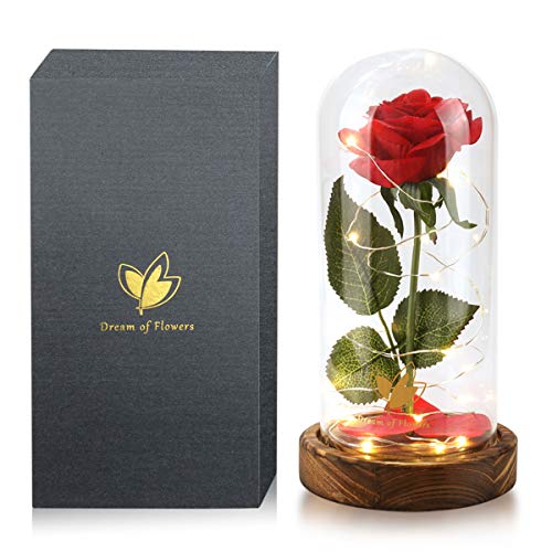 Beauty and The Beast Rose Mothers Day Forever Preserved Flower Rose Gifts for Mom, Birthday Gifts for Women, Red Rose for Grandma, Eternal Rose in Glass Dome with LED Lights, Flowers Gift for Love - color: Red Rose