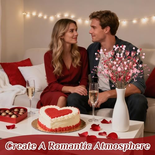 RAINFLOW 6PCS Artificial Red Berry Stems - 16.5" Heart Berry Picks for Vase, Mother's Day Floral Decor Anniversary Wedding Party Centerpieces Pink Spring Home Decor(No Vase)