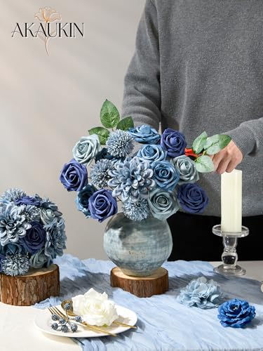 Artificial Flowers Combo Set Navy Blue Dahlia Roses DIY Wedding Decor | Silk Fake flowers arrangement set for home decor crafts reusable party bouquets DIY wedding table and event decorations - color: Navy Blue, size: The Minimalist