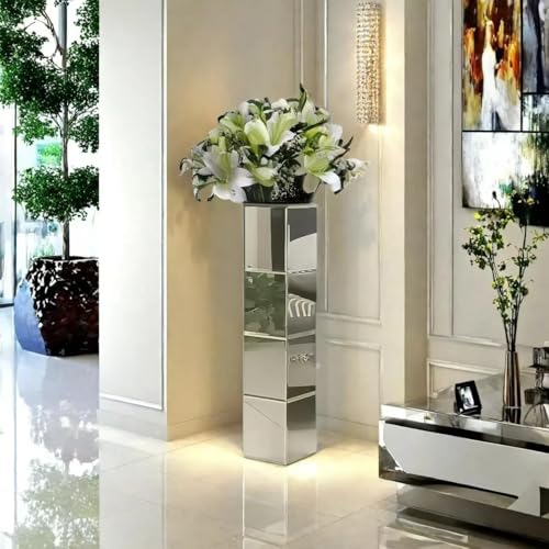 28" Tall Floor Vase, Mirror Silver Vases,Large Flower Vase for Home Decor, Mirrored Glass Decorative Modern for Living Room,Office,Centerpiece (Silver Square:6''L X 6''W X 28''H) - size: Silver Square:6"L X 6"W X 28"H