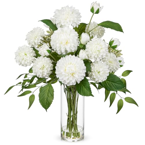 Hollyone White Fake Flowers in Vase Dahlia Artificial Flowers in Glass Vase with Faux Water Dahlia Silk Flower Arrangements for Bathroom Office Table Centerpiece Shelf Decorations Home Decor - color: White
