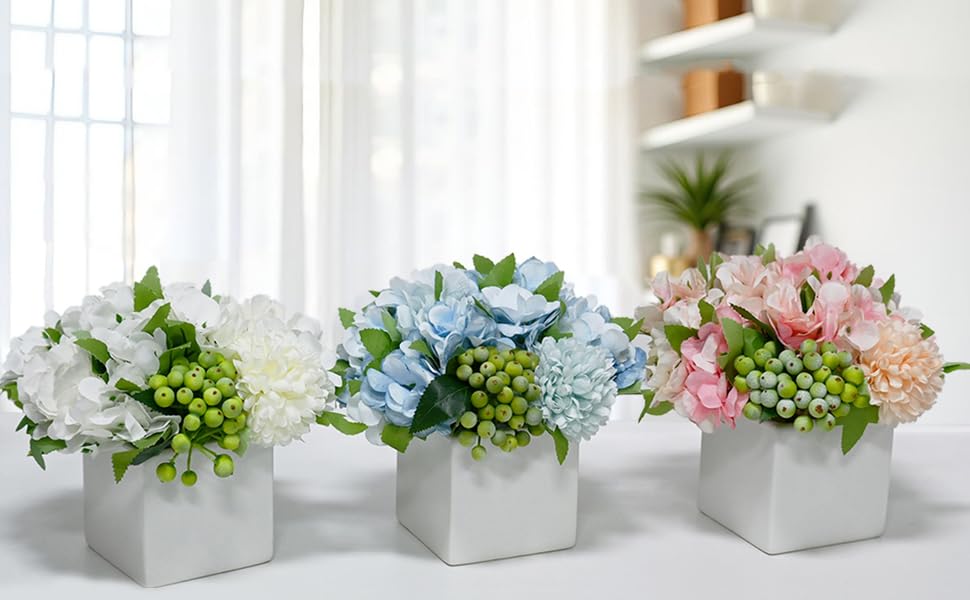 LADADA Fake Flowers in Ceramic Vase,Faux Hydrangea Flower Arrangements for Home Decor Artificial Flowers with Vase - color: Blue Hydrangea