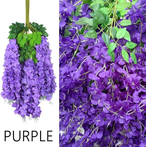 36pcs Artificial Wisteria Flowers 3.6 Feet/Piece Purple Dense Artificial Fake Wisteria Vine Ratta Hanging Garland Silk Flowers String Home Party Wedding Decor（Purple-Dense） - color: Purple, size: 36 PCS