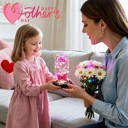Gifts for Mom Birthday Gifts for Women Pink Rose Eternal Flower Light Up Rose in Glass Dome with Butterfly, Galaxy Crystal Flowers Gifts for Grandma Wife Daughter Her Delivery Prime - color: Light Pink