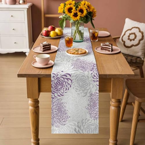 Floral Table Runner-Purple Gray White Small 36 inche Dresser Scarves,Flower Tablerunner for Kitchen Coffee/Dining Table Bedroom Living Room,Summer Spring Holiday Dinner Scarf Decor - color: Purple, size: 13x36 Inch