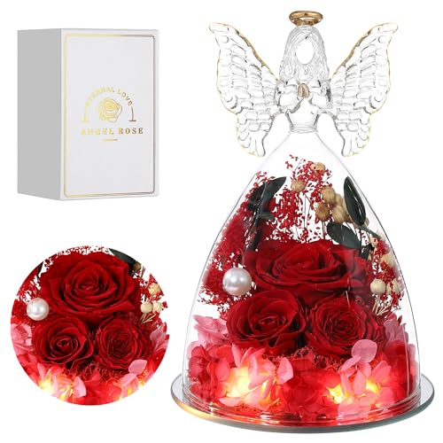 Mothers Day Rose Gifts for Women Preserved Real Flower in Glass Angel Figurines Roses for Delivery Prime Birthday Gifts for Mom Grandma Girlfriend Wife Her, Red Austin Roses - color: Red With Austin Roses