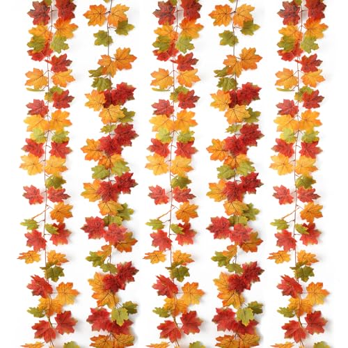 Mizii Fall Decor 5 Packs 390" Artificial Maples Vines Garland Fake Vine Fall Garland Silk Maple Leaves Faux Hanging Plants for Thanksgiving Porch Mantle Fireplace Farmhouse Harvest Decorations (Maple) - color: Maple