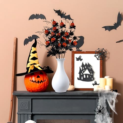 5PCS Artificial Halloween Flowers with Pumpkin Maple Leaf Branches Halloween Decorations Indoor for Office Home Mantel Vase Filler (5)