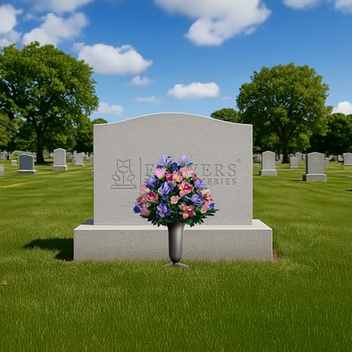 Sympathy Silks Artificial Cemetery Flowers - Grave Decoration - Cream Pink Tulips and Purple Iris (1) Bouquet (1) Vase - color: Cream Pink, size: (1) Bouquet (1) Vase