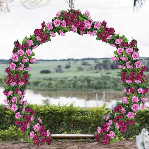 2 Pcs Artificial Rose Garland Spring Flowers Vines Hanging Outdoors Silk Rose Vine 15.8ft Silk Flowers Rose Ivy Vines Flower Garland for Backdrop Bedroom Wedding Arch Decor Wall Party Home Pink - color: Fuchsia