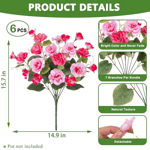 Artificial Flowers for Outdoors, 6 Bundles Silk Fake Hibiscus Flowers for Spring Summer Decoration, UV Resistant Fake Plants Plastic Bouquet for Home Planter Porch Patio Yard Decor（Double Pink) - color: Double Pink