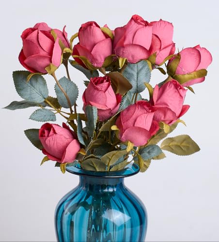 PONKING Rose Artificial Flower Buds 12pcs Realistic Faux Silk Roses Fake Flowers Bouquets Arrangements Decor for Wedding Spring Mother's Day, Home Table Decorations, Dark Magenta Flower - color: C 12pcs Dark Magenta Rose