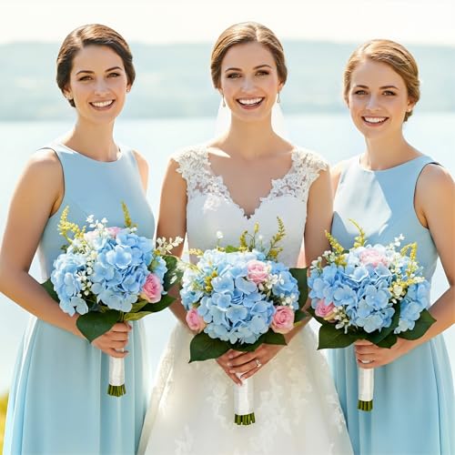 Auihiay 64pcs Blue Hydrangea Artificial Flowers, Artificial Hydrangea Flowers with Stems, Faux Hydrangea Flowers for Wedding Centerpieces, Baby Shower, Birthday Party Decoration - color: Light Blue