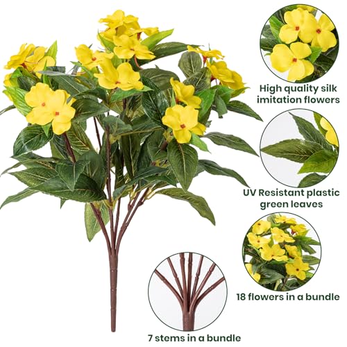 Nigirior Artificial Fake Flowers for Outdoor Décor 6 Bundles UV Resistant Fake Plants for Planter Faux Impatiens for Home Porch/Garden Stunning（Yellow） - color: Yellow