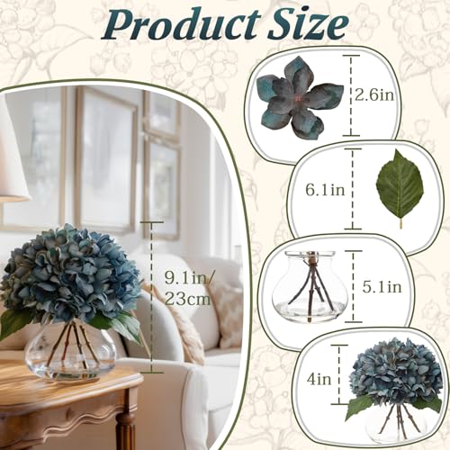 Blue Artificial Hydrangea Flowers with Glass Vase, Faux Floral Arrangements with Fake Water, Lifelike Hydrangeas Table Centerpieces for Dining Room, Coffee Table, Bathroom Decor - color: D-blue