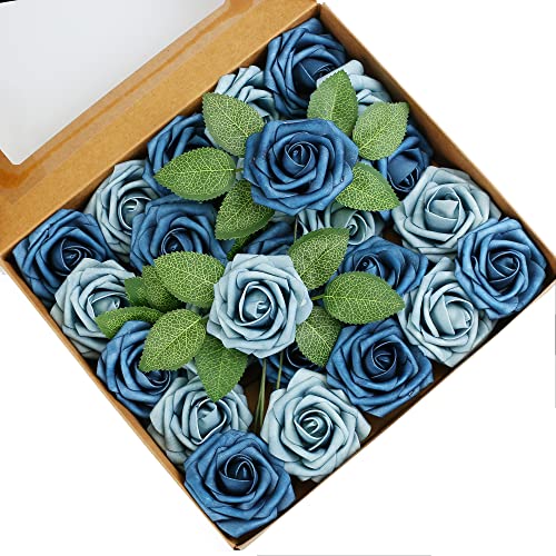 Higfra Artificial Flowers 25pcs Real Looking Dusty Blue Shades Foam Fake Roses with Stems for DIY Wedding Bouquets White Bridal Shower Centerpieces Arrangements Mothers Day Party Tables Decorations - color: Dusty Blue Shades, size: 25Pcs