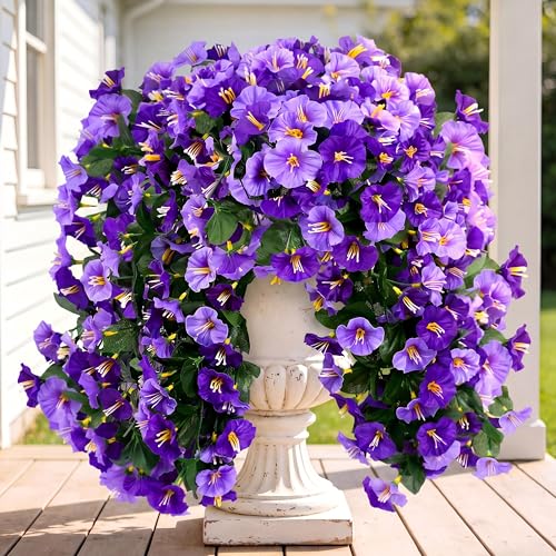 Sggvecsy Artificial Fake Hanging Flowers Plants Outdoor Outside Spring Summer Decoration 4PCS Faux Silk UV Resistant Morning Glory Trailing Vines for Home Porch Patio Balcony(Purple & Light Purple) - color: Purple & Lignt Purple, size: 4Pcs