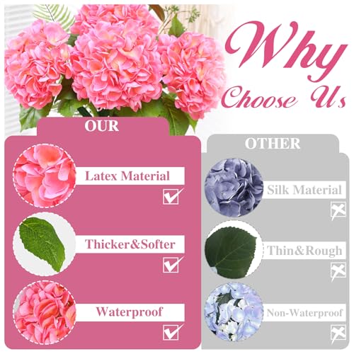 Nubry 4Pcs Pink Hydrangea Artificial Flowers, 22.5In Latex Faux Real Touch Large Hydrangea Flowers with Long Stems & Leaves for Home Office Decor Wedding Party Arrangements(Pink) - color: Pink, size: 4 Pcs