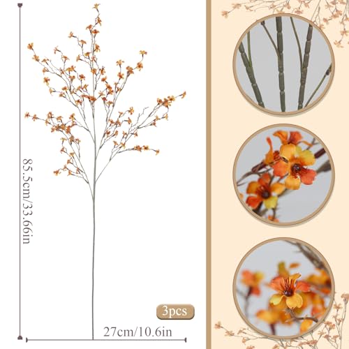 3 Pcs Cherry Blossom Branches Artificial Flowers for Autumn Spring Summer Decoration Orange Faux Cherry Blossom Long Stems Fall Silk Fake Flowers for Tall Vase Arrangements Home Wedding Table - color: Orange